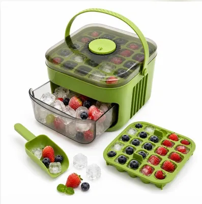 Produktbild von Eiswürfelbox mit Deckel und Druckknopf System, BPA-frei, stapelbare Eiswürfelform für Gefrierschrank, Küche & Cocktail Zubehör