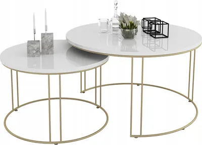 Zdjęcie produktu dla Zestaw Okrągłych Stolików Kawowych 2w1 Salon Loft Złoty+Biały Połysk