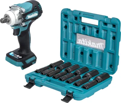 A cordless impact wrench and a set of sockets are displayed on a white background.