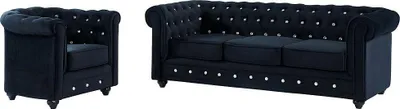 Produktbild von CHESTERFIELD 3-Sitzer Sofa und Sessel - Veloursstoff und Kristallknöpfe