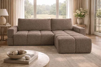 Produktbild von NORDELO Ecksofa mit Schlaffunktion und Bettkasten RIVELLO-L 255x165x77 cm  Taupe - L-Form Schlafsofa mit Stauraum - Bouclé / Chenille ARENA