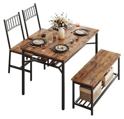 Immagine prodotto di Set da pranzo per 4 persone: tavolo rettangolare da cucina di 120 cm, 2 sedie e una panca con spazio contenitore, scaffale per bottiglie e scaffale per vino, colore marrone