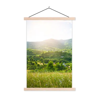 Produktbild von MuchoWow® Textilposter Wald - Landschaft - Sonne - Natur - Sonnenaufgang 120x180 cm mit holzfarbenen Rahmen - Textil-Plakat