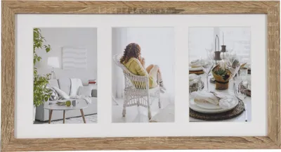 A collage of three images within a wooden frame, showing interior scenes.