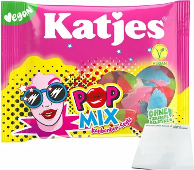 Produktbild von Katjes Pop-Mix Kaubonbon mit Fruchtgummi (210g Packung) + usy Block