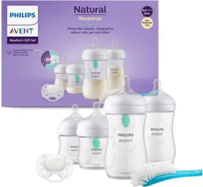 Image de Philips AVENT Biberons avec valve AirFree, set cadeau pour nouveau-né - 4 biberons, sucette ultra douce et brosse à biberon, bébés de 0 à 12 mois et plus (modèle SCD657/11)