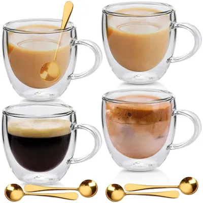 Produktbild von Doppelwandige Gläser Set 4x 250ml mit Löffeln, Thermogläser für Kaffee & Heißgetränke
