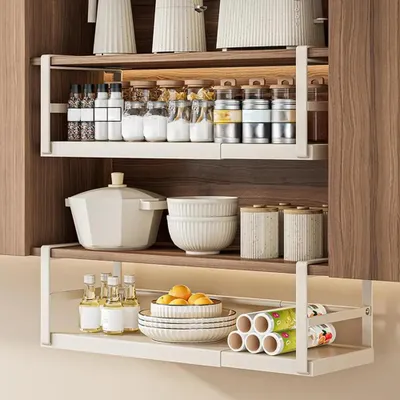Image de Étagère coulissante pour meuble bas - Panier de rangement suspendu - Réglable de 27 à 45 cm - Acier - Pour armoire de cuisine et garde-manger