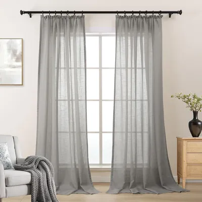 Immagine prodotto di Tende - Set di 2 tende - Grigie con fascia a coste - Tessuto traslucido effetto lino, ideale per soggiorno e camera da letto - Altezza 130 cm, larghezza 145 cm