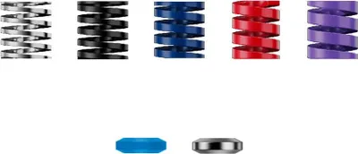 A collection of colorful springs and two small cylindrical objects are displayed against a white background.