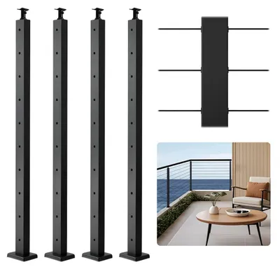 Productafbeelding van VEVOR kabelgeleiderpalen, set van 4, 914x50,8x50,8 mm, met voorgeboorde horizontale gaten, roestvrij staal SUS304, gebogen horizontale beugel, voor leuning en balustrade, zwart, 4JZLGZXHS914MY65M001V0