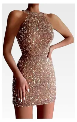 Produktbild von Pailletten Kleid Damen Ärmellos Festlich Partykleid Bleistiftkleid Abendkleider Rockabilly Cocktailkleid Hochzeit Mini Kleid Glitzer Schulterfrei Wickelkleid