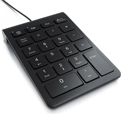 A black wired numeric keypad is shown from a diagonal angle against a white background.