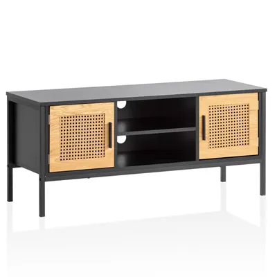 Produktbild von Lowboard Schwarz / Eiche mit Wiener Geflecht 110x48x40 cm TV-Kommode Zeitlos, Design TV-Schrank Hoch, Fernsehtisch Fernsehschrank mit Türen, Fernsehkommode Wohnzimmer Rattan