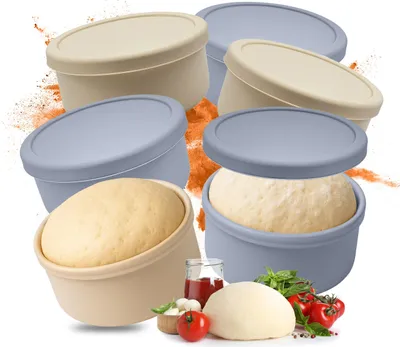 Produktbild von Relaxdays Pizzaballenbox, 6er Set, Silikon, bis 350 g Teig, HxD: 6,5 x 14,5 cm, Pizzateigbehälter mit Deckel, blau/beige