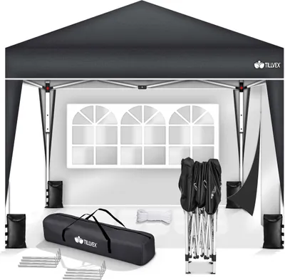 Produktbild von tillvex Pavillon 3x3m Anthrazit - mit 2 Seitenteilen wasserdicht | Pop-Up Faltpavillon höhenverstellbar | Gartenzelt UV Schutz 50+ | Partyzelt mit Tasche für Garten