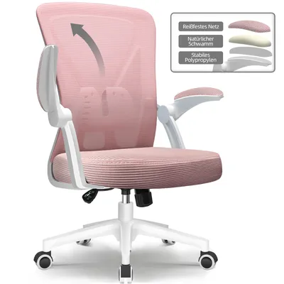 Produktbild von Marodic Bürostuhl Schreibtischstuhl 150kg Bürostuhl Ergonomisch mit 90° klappbaren Armlehnen, Wippfunktion 90°-125° Chefsessel Lordosenstütze, Rosa