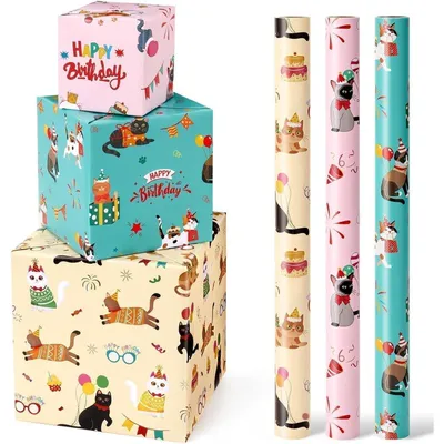 Productafbeelding van Geprinte cadeaupapierrollen, kattenmotief, 3 stuks, 43 x 305 cm, met snijlijnen