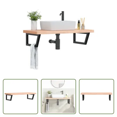 Image de The Living Store Étagère de lavabo murale en acier et bois massif de hêtre