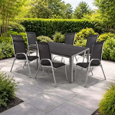 7er Set Alu Silber Gartenmöbel Gartengarnitur Non Wood 180x90x74cm + 6 Stapelstühlen Textilen