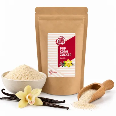 Produktbild von Popcornzucker Vanille 300 g mit Bourbon-Vanille Zucker Vanillin Popcorn Mais Gewürz zum Verfeinern Kochen Backen Dessert Müsli Joghurt