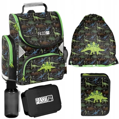 Produktbild von Schulrucksack Mädchen Jungen Motiv Dinosaurier 5 T Set Rucksack, Federmäppchen, Schuhbeutel, Trinkflasche, Frühstückstasche Mega-Set Paso DINO