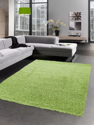 A modern living room with a grey sectional sofa and a bright green shaggy rug.