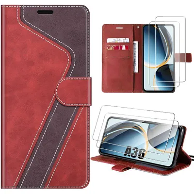 Image de Coque + 2 Verres Trempés pour Samsung Galaxy A36 5G, Anti-Rayures Antichoc Synthécuir Rouge Marron