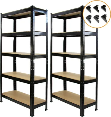 Immagine prodotto di 2 scaffali T-Rax per carichi pesanti, scaffali da magazzino, da officina e da cantina, scaffali a incastro, neri, 75 cm x 150 cm x 30 cm, con elementi di collegamento, ripiani in MDF da 6 mm di spessore, 5 ripiani, portata di 150 kg per ripiano