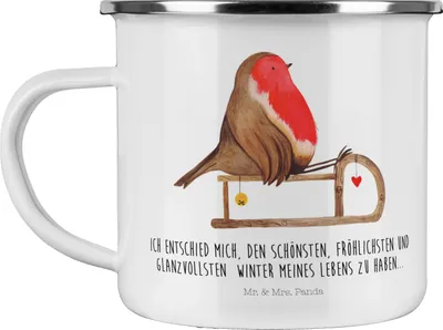 Produktbild von Mr. & Mrs. Panda Emaille Tasse Rotkehlchen Schlitten - Weiß - Geschenk, Motivtasse, Weihnachten, Pott, Teetasse, Vogel, Outdoor, Becher