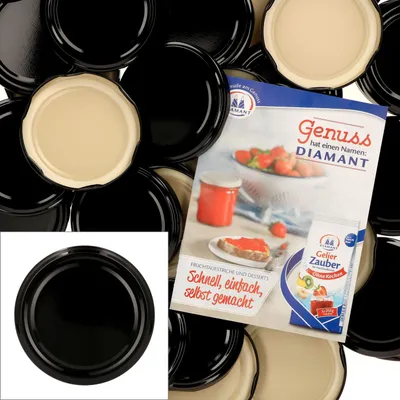 A collage of black jar lids and a marketing brochure for jam.