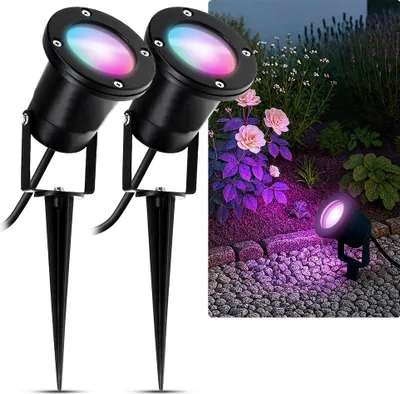 Produktbild von SSC-LUXon 2 Stück KARI Außenlampe schwarz Erdspießstrahler IP65 – inkl. Smart WLAN GU10 Leuchtmittel 4W CCT – Gartenbeleuchtung steuerbar per App Alexa
