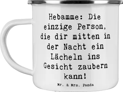 Produktbild von Mr. & Mrs. Panda Emaille Tasse Spruch Hebamme Lächeln - Weiß - Geschenk, Berufsgestaltung, blechbecher, Sicherheit, Teetasse, Pott, Beruf, zugewandt, Freude, Anerkennung