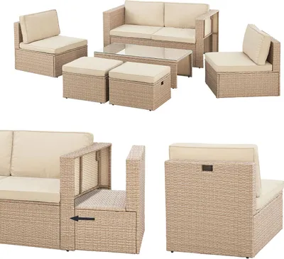 A collection of modular outdoor furniture pieces, including a sofa, armless chairs, ottomans, and a coffee table, arranged on a white background.