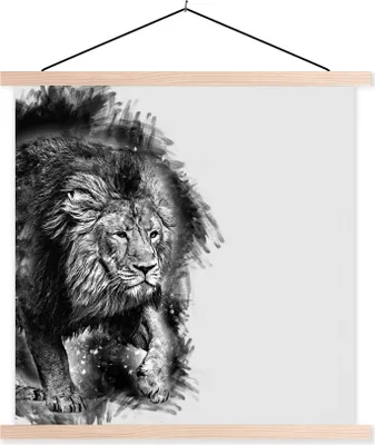 Produktbild von MuchoWow® Textilposter Löwe - Schwarz - Weiß 40x40 cm mit holzfarbenen Rahmen - Posterleiste