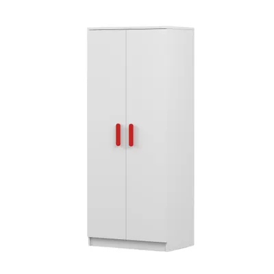 Produktbild von Drehtürenschrank JONAS 06 – Kinderkleiderschrank 80 cm Weiß/Weiß mit roten Griffen