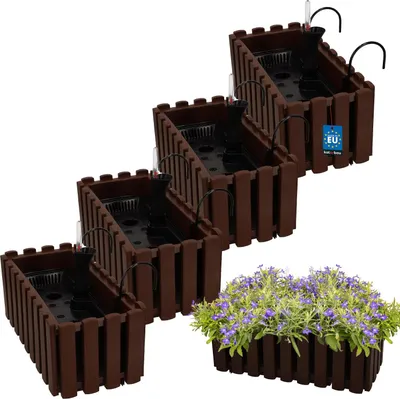 Produktbild von KOTARBAU® 4er Set Blumenkasten Balkon Blumentopf Selbstbewässernd 38x18x16cm Braun Kunststoff Blumentopf Balkongeländer Bewässerungssystem Blumenkastenhalterung Pflanzkübel Groß Außen