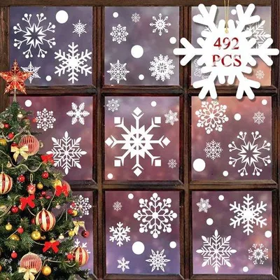 Image de Décoration de Noël : flocons de neige autocollants en PVC pour fenêtres, blancs