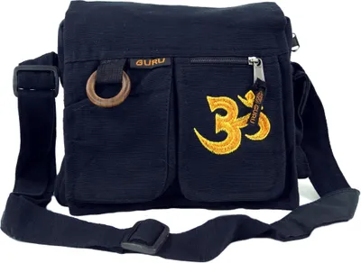 Produktbild von Boho Schultertasche, Hippie Tasche, Vintage Umhängetasche - Om/schwarz, Uni - Erwachsene, Baumwolle, 23*25*7 cm, Alternative Umhängetasche, Handtasche aus Stoff