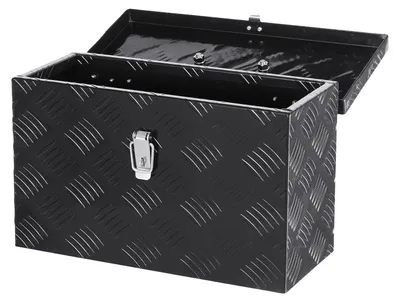 Zdjęcie produktu dla VEVOR wytrzymała aluminiowa skrzynka narzędziowa do przestrzeni ładunkowej, skrzynka narzędziowa w paski (406 x 190 x 254 mm) z uchwytem bocznym i górnym, organizer do przechowywania na przyczepę kempingową, kolor czarny