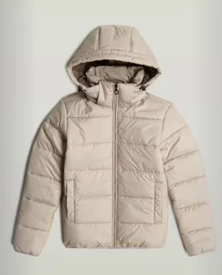 A studio shot of a beige puffer jacket.