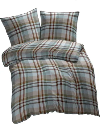 A plaid duvet cover and two pillowcases.