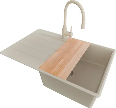 Produktbild von PRIMAGRAN Granitspüle Beige 78x50cm, Spülbecken 1 Becken + Küchenarmatur 38x14cm + Ablauf-Set + Schneidebrett, Küchenspüle ab 50er Unterschrank - Kopenhagen
