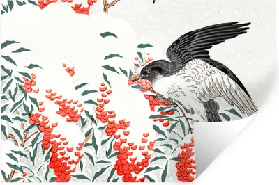 Produktbild von MuchoWow® Wandtattoo Wandsticker Wandaufkleber Vogel - Beere - Japanisch 120x80 cm Selbstklebend und Repositionierbar - Selbstklebend - Fototapeten