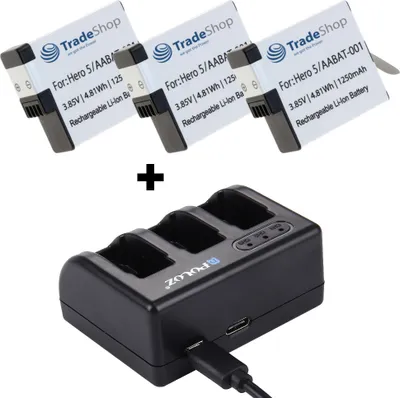 Produktbild von Set-Angebot: Ladegerät für 025416 421850 AHDBT-701 AHDBT-801 GOP004 IEC 62133 IS 16046 R-41047830 Hero 7 White + 3x Akku (3,85V / 1250mAh)