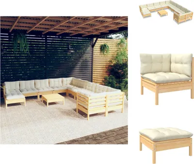 Produktbild von vidaXL 12-tlg. Garten-Lounge-Set mit Creme Kissen Kiefernholz -  Gartenmöbel-Sets