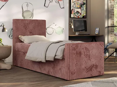 Produktbild von MKS MEBLE Jugendbett TILIO DUO 90x200 mit Stauraum, Polsterbett mit hohem Kopfteil, Cordbezug, 7-Zonen-Taschenfederkern Multipocket-Matratze, Einzelbett - Rosa Cord - H3 - Links