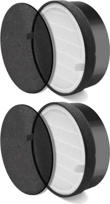 Two identical air purifier filters are shown, with one filter partially open to reveal its layers.