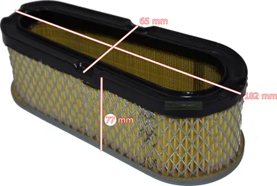 A close-up, angled view of an oval-shaped air filter with measurement lines and text overlays.