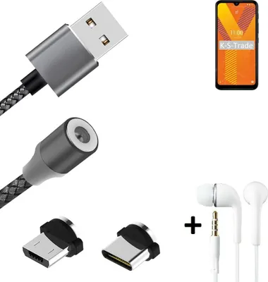 Produktbild von K-S-Trade® Hochwertiges Magnet-Lade-kabel Sync-Kabel Daten-Kabel + Kopfhörer für Wiko Y62 mit USB-Typ-C-Anschluss und Micro-USB-Anschluss 2A bis zu